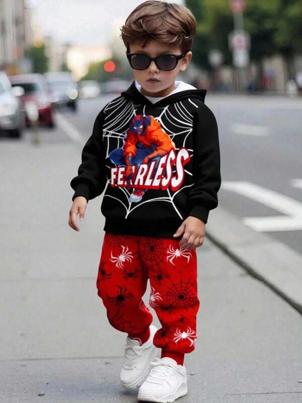 SHEIN Bộ 2 món Fearless Spider-Hero cho bé trai - Áo hoodie và quần nỉ thể thao, trang phục siêu anh hùng Halloween, từ trẻ mới biết đi đến trẻ lớn