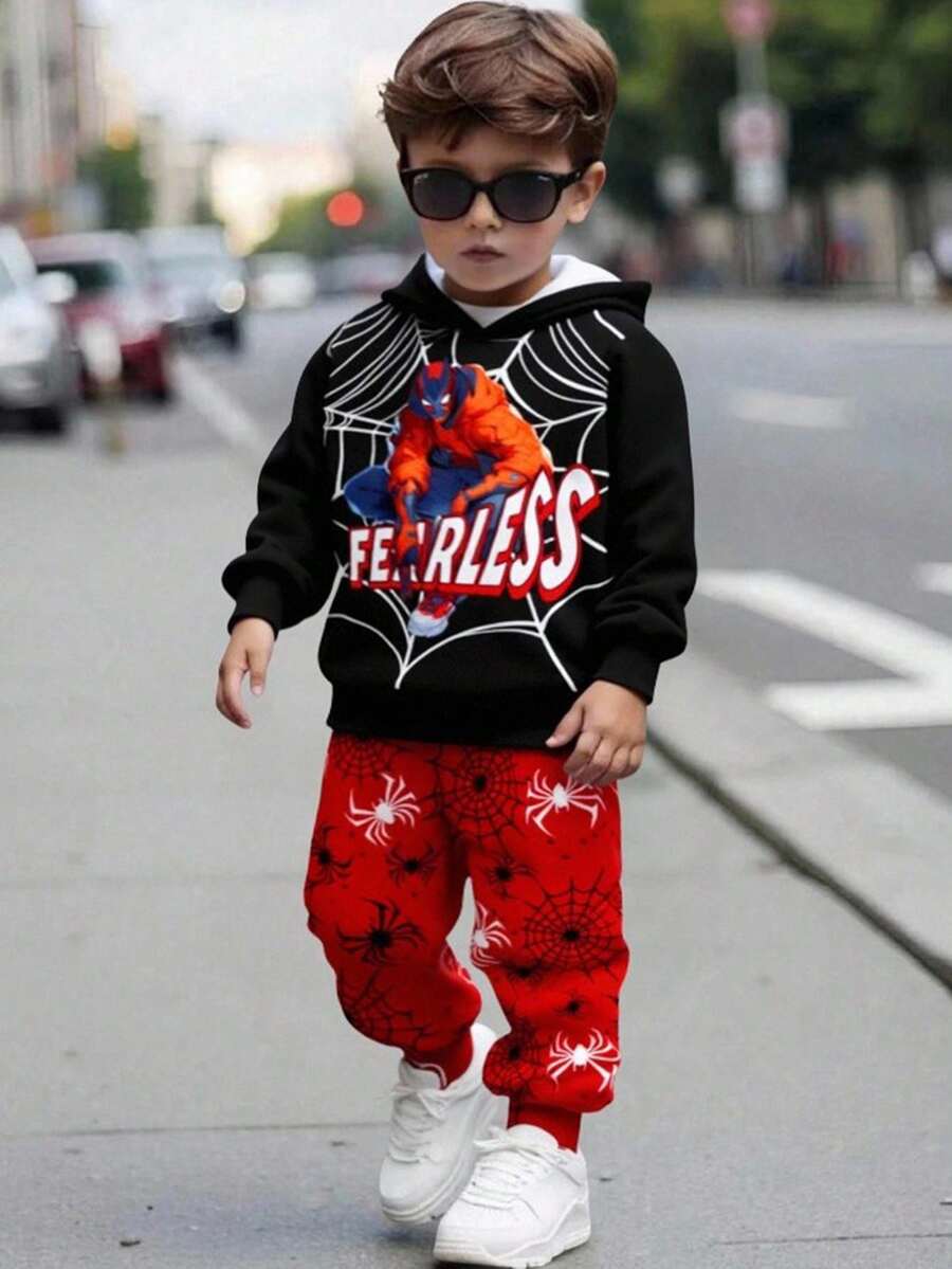 SHEIN Bộ 2 món Fearless Spider-Hero cho bé trai - Áo hoodie và quần nỉ thể thao, trang phục siêu anh hùng Halloween, từ trẻ mới biết đi đến trẻ lớn - Nhiều màu - Xem 1