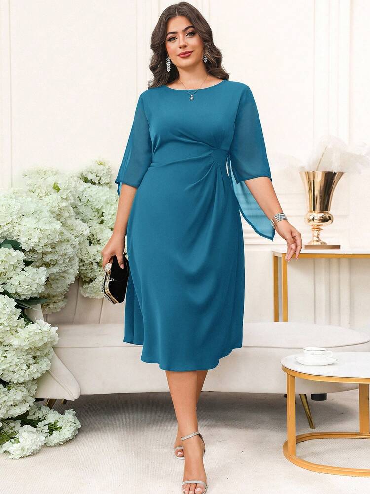 Reflora 加大码优雅纯色腰部收腰中长连衣裙，适合通勤 - 水鴨藍 - 查看 7