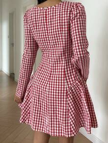 SHEIN EZwear 格纹系带腰部中长连衣裙 - 紅色 - 查看 2