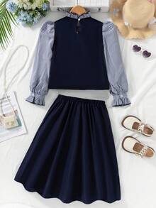 Tween Girl Plaid Patchwork Puff Sleeve Shirt And Mini Skirt Set Fall Winter - Blue - View 2