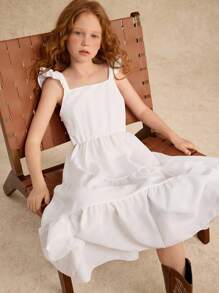 Girls' Vacation Sleeveless Ruffle Bowknot A-Line Shift Dress, Matching Sister Styles - White - View 2
