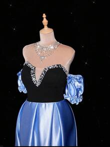 Viva Relle 大码女式优雅浪漫派对鸡尾酒婚礼宾客礼服，蝴蝶结露肩仿珍珠装饰泡泡袖，塔夫绸腰部收紧 A 字飘逸长裙 - 彩色 - 查看 5