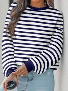SHEIN EZwear 休闲简约蓝白条纹大码女式卫衣，适合秋冬季 - 彩色 - 查看 1