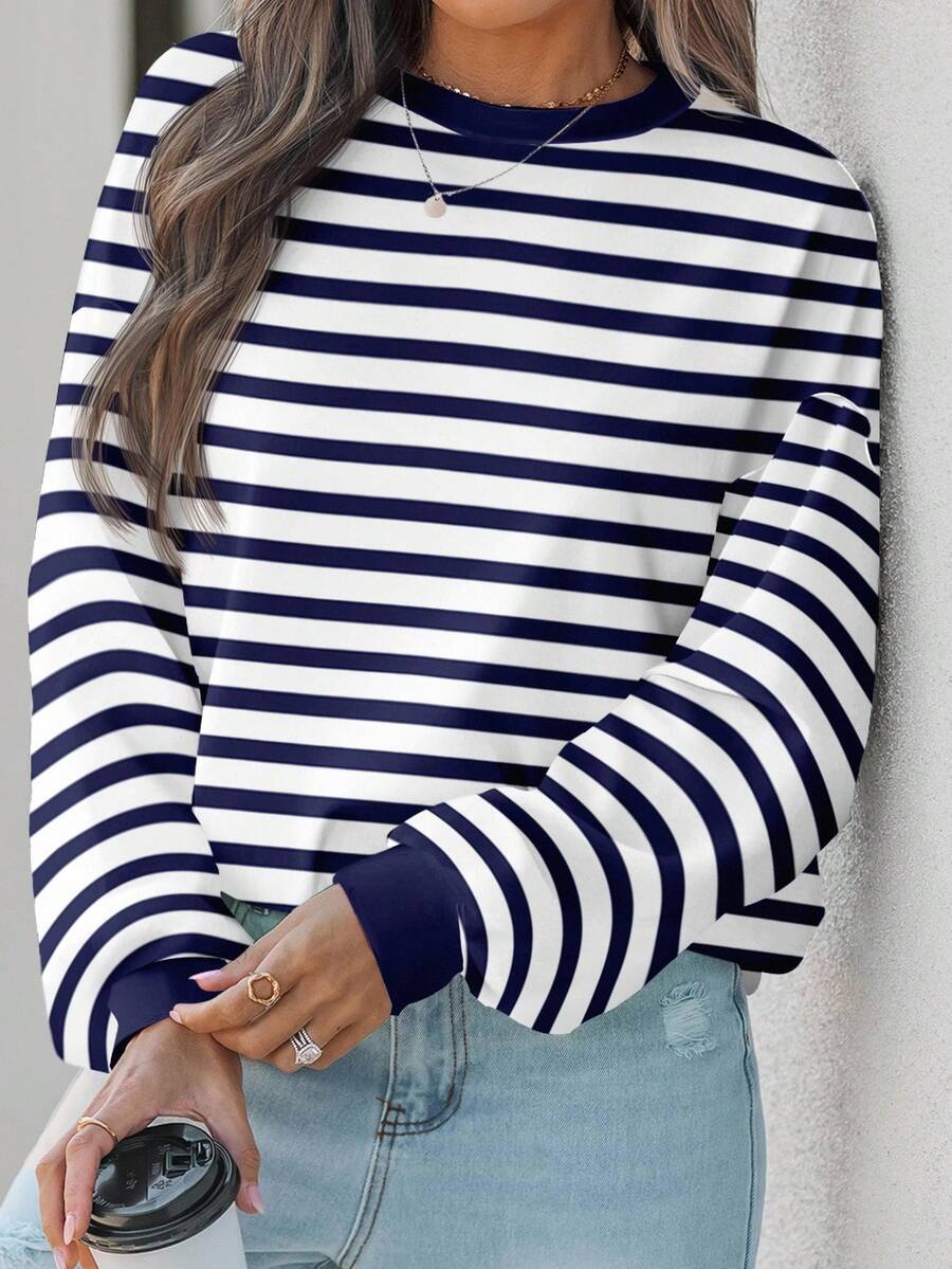 SHEIN EZwear 休闲简约蓝白条纹大码女式卫衣,适合秋冬季 - 彩色 - 查看 1