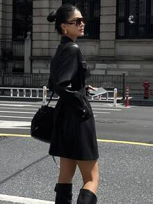 DAZY Women's PU Shirt Style Mid-Length Dress, Spring/Autumn - Black - View 4