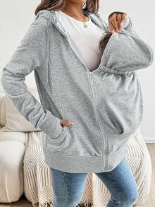 SHEIN 3-In-1 Maternity Hoodie Jacket With Pocket, Solid Color Pregnancy Sweatshirt Outerwear   Zip Up Hoodie   Fall Women Clothes - Grey - View 6