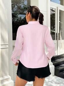 SHEIN EZwear 大码女式骑士印花长袖单排扣休闲衬衫，适合夏季、秋季和冬季 - 粉色 - 查看 2