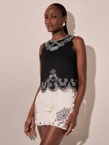 CAJUNI Top noir imprimé décontracté pour vacances pour femmes