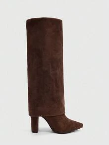 CUCCOO SZL 女士尖头粗高跟靴，棕色 PU 绒面革材质，分层设计，时尚简约，适合日常、派对、活动，侧拉链 - 棕色 - 查看 3