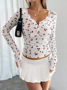 Chiquease Women's French Elegant Lace Patchwork V-Neck Ruched Button Long Sleeve T-Shirt Fall Cloth For Women - White - View 6