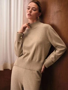 MOTF PREMIUM Conjunto de top con cuello split y pantalones con cordón en la cintura - Caqui - Ver 6