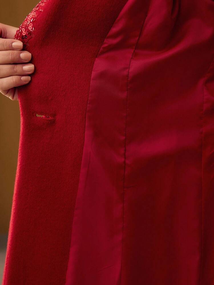 WOOL SEQUIN BEADED EMBROIDERY PANEL PEAK COLLAR SLANT POCKET OVERCOAT