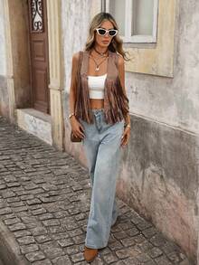 SHEIN VCAY Fringe Trim Open Front Vest Summer Jacket In Fall/Winter - Camel - View 5