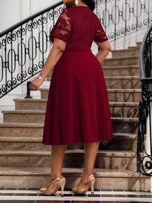 Fleurora Váy midi ren trơn màu thanh lịch dự tiệc cỡ lớn cho nữ Váy lễ Phục sinh Váy tốt nghiệp cho nữ Váy dự tiệc cưới - Màu Đỏ Sâu - Xem 2