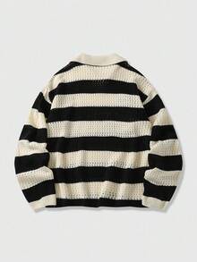 ROMWE MEN Prep 男士条纹字母刺绣毛衣，适合情人节、秋冬季节穿着，长袖上衣 - 黑色 - 查看 2