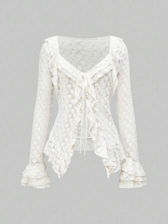 Grunge Punk Vintage Palace Sensual Slouchy Texture Ruffle Trim Fitted Feather Mesh Lace Blouse With Bell Sleeves
