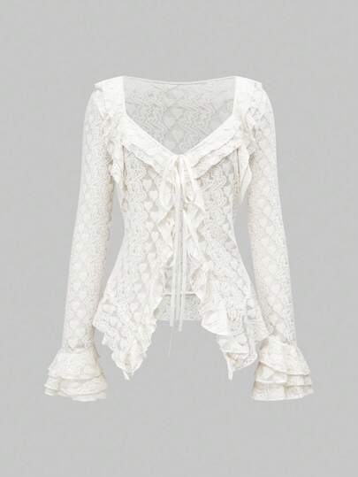 Grunge Punk Vintage Palace Sensual Slouchy Texture Ruffle Trim Fitted Feather Mesh Lace Blouse With Bell Sleeves