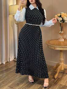 Auvina Váy dài tay cổ bẻ chấm bi thường ngày dành cho nữ - Đen và trắng - Xem 8