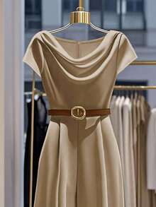 SHEIN Franclia Women's Fashionable & Elegant Plunging Neck Short Sleeve Loose Jumpsuit - Khaki - View 6