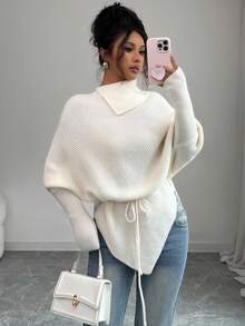 Elenzga Women's High Neck Batwing Sleeve Asymmetrical Hem Tie Waist Sweater Fall Winter Cloth For Women - Beige - View 5