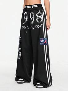 ROMWE Street Life Casual Street Style Double Waistband Low Waist Loose Hiphop Wide Leg Women Pants - Black - View 4