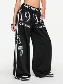 ROMWE Street Life Casual Street Style Double Waistband Low Waist Loose Hiphop Wide Leg Women Pants - Black - View 5