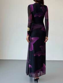 Aloruh 全新秋冬紫色扎染花卉网眼印花派对长袖修身连衣裙 - 紫色 - 查看 3