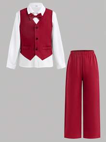 SHEIN 3pcs Tween Boy Casual Gentleman Outfit - Vest, Shirt, Shorts With Bowknot, Suitable For Commuting, School, Daily Casual Wear, Spring/Summer, Also Suitable For Wedding, Birthday Party, Christmas Christmas Christmas Christmas Red Christmas Autumn Winter Clothes For Girls - Red - View 6