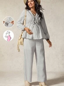 Boho Mama 2件套孕妇休闲通勤条纹领带衬衫和裤子套装 - 黑與白 - 查看 1