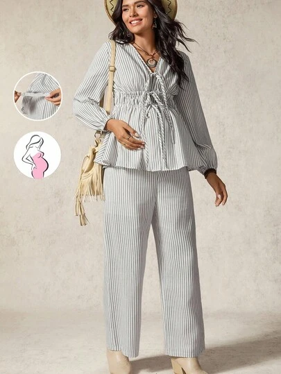 Boho Mama 2件套孕妇休闲通勤条纹领带衬衫和裤子套装