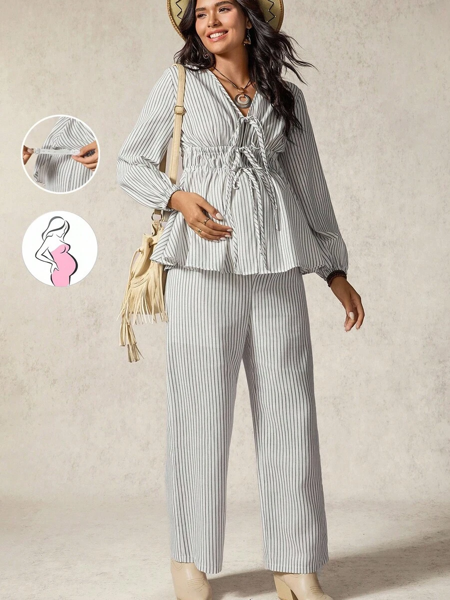 Boho Mama 2件套孕妇休闲通勤条纹领带衬衫和裤子套装 - 黑與白 - 查看 1