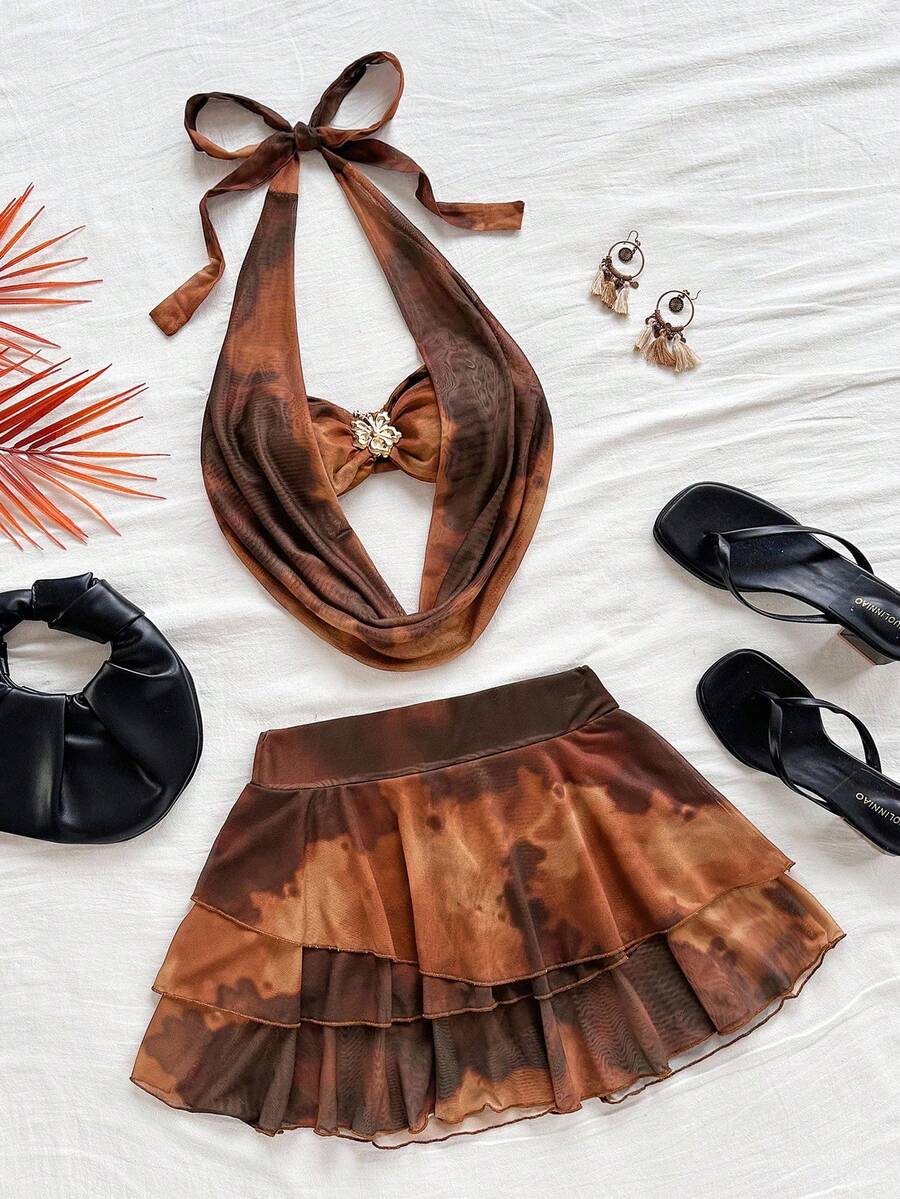 Soleia 女式日落渐变色低胸花卉金属扣装饰露背上衣和多层荷叶边下摆迷你裙 2 件套，休闲度假海滩巡航假日鸡尾酒会礼服，适合所有季节、音乐节、波西米亚度假 - 彩色 - 查看 1