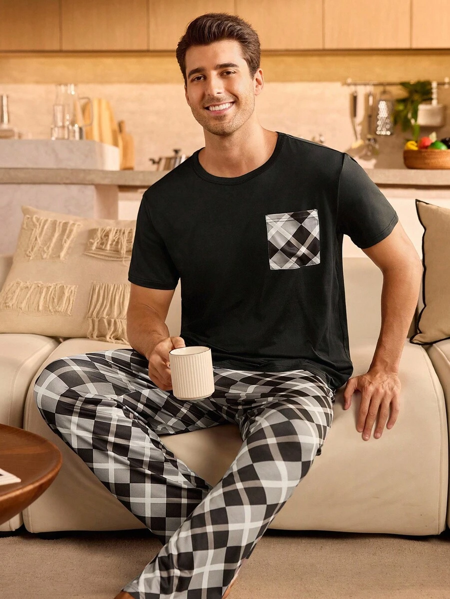 Manfinity Underwear&Sleepwear Basics 男士格子短袖上衣和裤子睡衣套装 - 彩色 - 查看 1