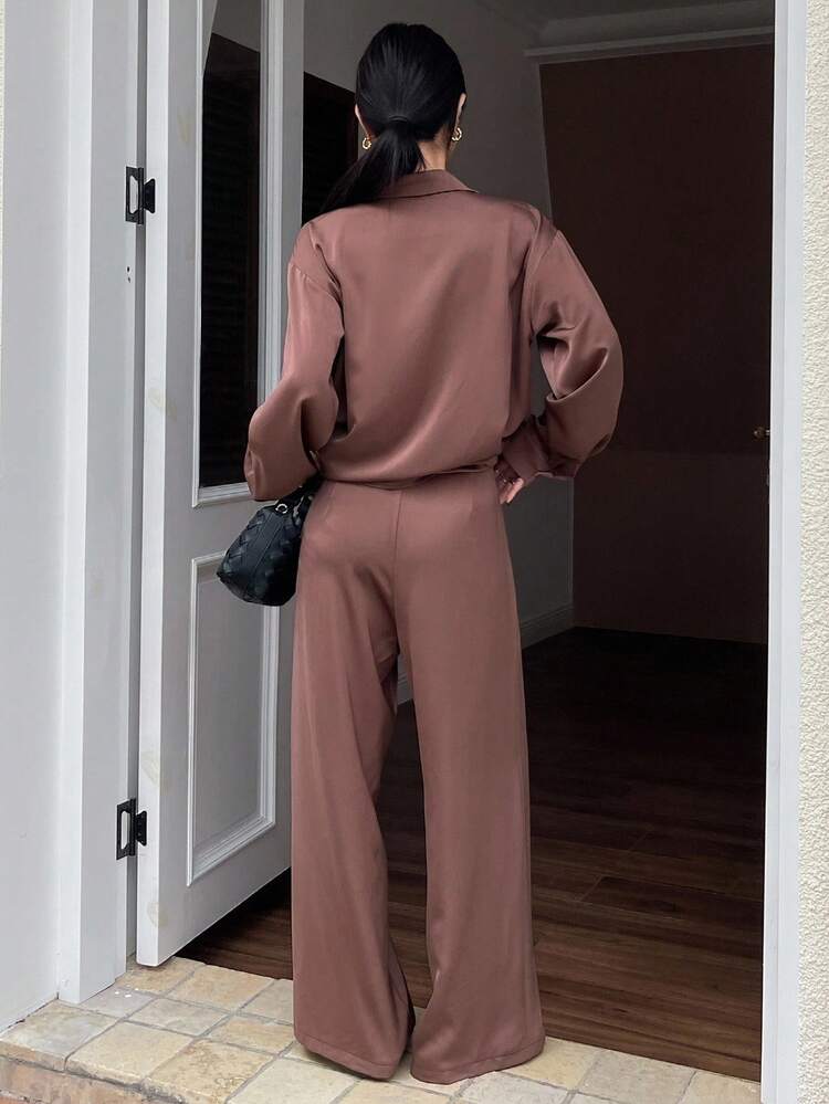 Women's Casual Solid Color Shirt And Wide Leg Pants 2 Pieces Set, Autumn