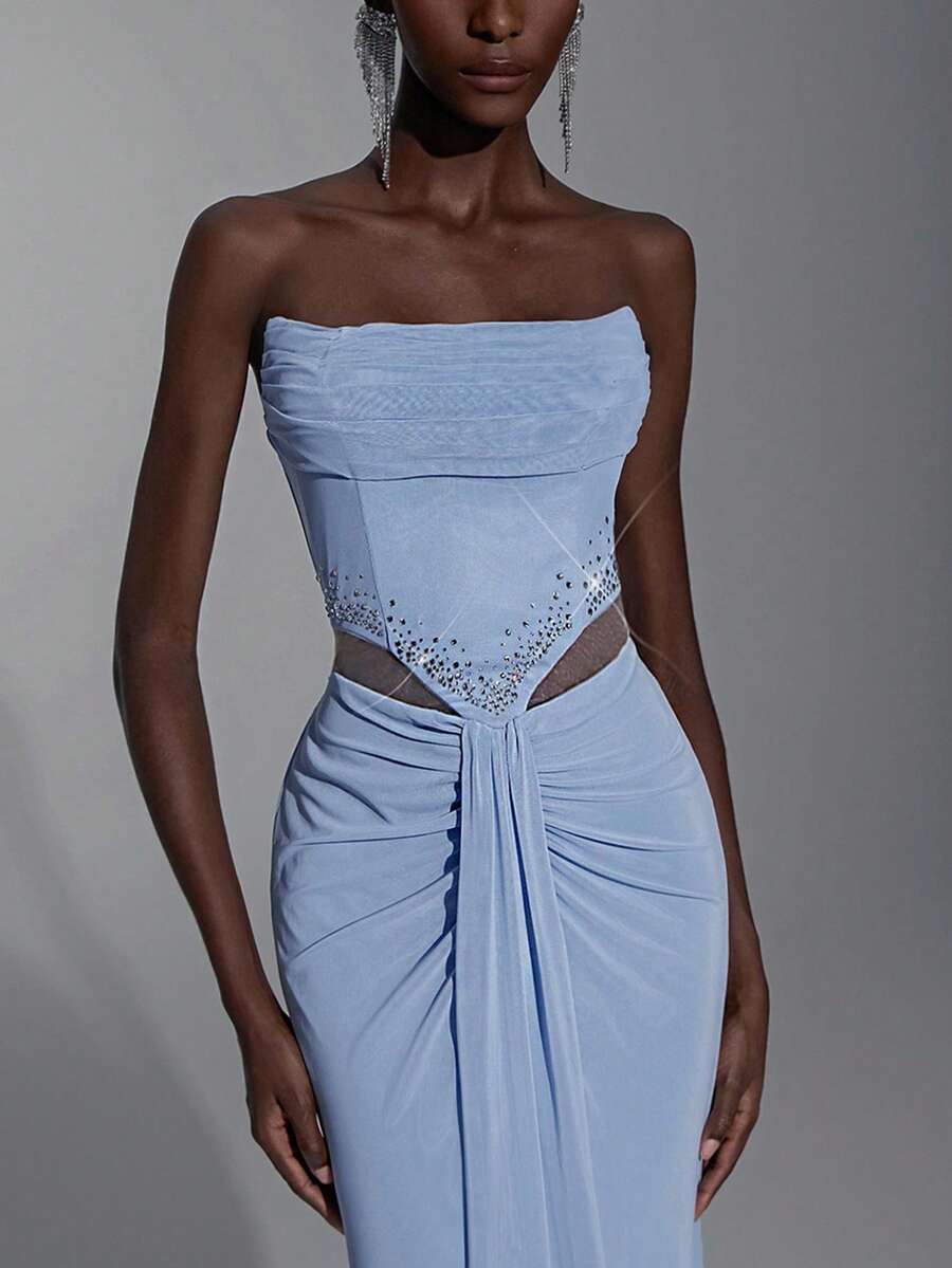 Elitara 优雅浅蓝色露肩低胸腰部镂空奢华手工水钻弹力褶饰美人鱼裙，适合婚礼、单身派对、度假、舞会、正式场合（重型）