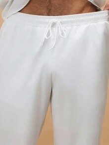 Manfinity Homme Men's Young Drawstring Collar Design Stand Collar Shirt Top And Elastic Waist Pants Set, Fall Clothes - White - View 6