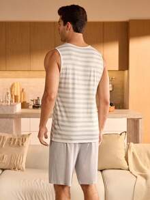 Manfinity Underwear&Sleepwear Basics 男士休闲条纹印花无袖上衣和短裤睡衣套装 - 彩色 - 查看 2