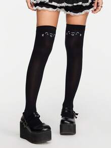 ROMWE Anime 1 双白色可爱卡哇伊猫脸纯色简约时尚个性化女士过膝袜，适合动漫 JK 裙装搭配、日常装、购物、上学等。 - 黑色 - 查看 4