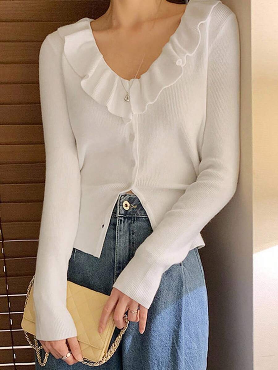 DAZY Französischer süßer V-Ausschnitt Bindegürtel Slim Fit Langarm Rüschensaum Pullover für Frauen im Herbst - Weiss - Übersicht 1