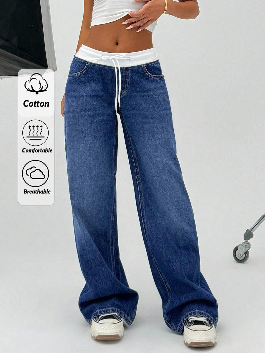 CasuGlow 100%纯棉女式短裙，年轻款低腰阔腿宽松牛仔裤 - 深色水洗藍 - 查看 1