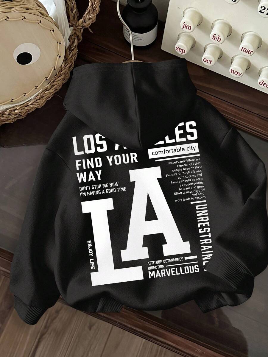 SHEIN Slayr Casual Minimalist LA Print Hooded Long Sleeve Loose Fit Sweatshirt For Women, Autumn/Winter,Fall - Black - View 1