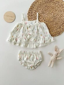 Bộ đồ liền thân họa tiết hoa kẻ sọc dễ thương mùa hè cho bé gái sơ sinh và quần short cạp chun - Nhiều màu - Xem 1