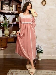Côtesoire 女士优雅法式撞色蕾丝荷叶边睡裙家居服，秋冬款 - 粉色 - 查看 6