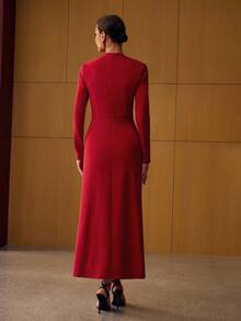 MOTF PREMIUM VESTIDO LARGO CON CUELLO DE EMBUDO Y FRUNCIDO EN LOS LADOS, ESTILO VINTAGE - Rojo - Ver 3