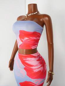 Zolique 2 件套夏季优雅花卉印花抹胸短款上衣和裙子 - 霧霾藍 - 查看 3