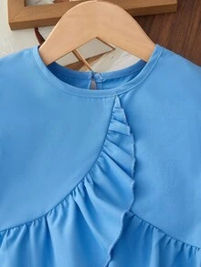 Elladie kids 年轻女孩可爱荷叶边下摆不对称下摆蝴蝶结印花休闲裤套装 - 藍色 - 查看 9