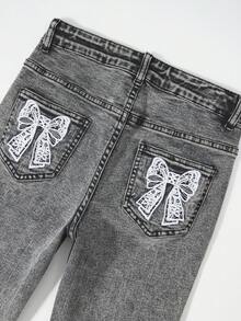 Jeans elásticos de cintura ajustable con bordado de lazo gris oscuro y copos de nieve, estilo urbano y callejero Y2K para niñas preadolescentes - Negro - Ver 6