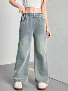 SHEIN Genkimix Kids Tween Girls Jeans, New Y2K Vintage Washed Light Blue Relaxed Straight Leg Jeans With Elastic Waistband, Comfortable And Convenient For Daily Wear, Minimalist And Versatile Design Summer Holiday - Light Wash - View 6