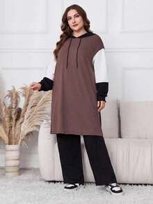 Lacomfia Bộ 2 món áo hoodie tay dài và quần dài họa tiết chắp vá màu trơn cỡ lớn - Bụi hồng - Xem 5
